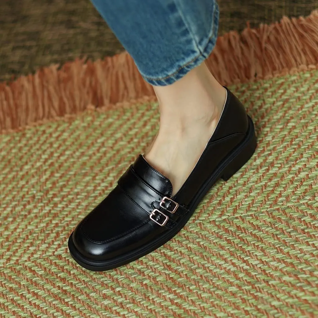 Women's Classic Buckle Slip On Penny Loafers Flats Square Toe Leather Business Dress Oxford Shoes