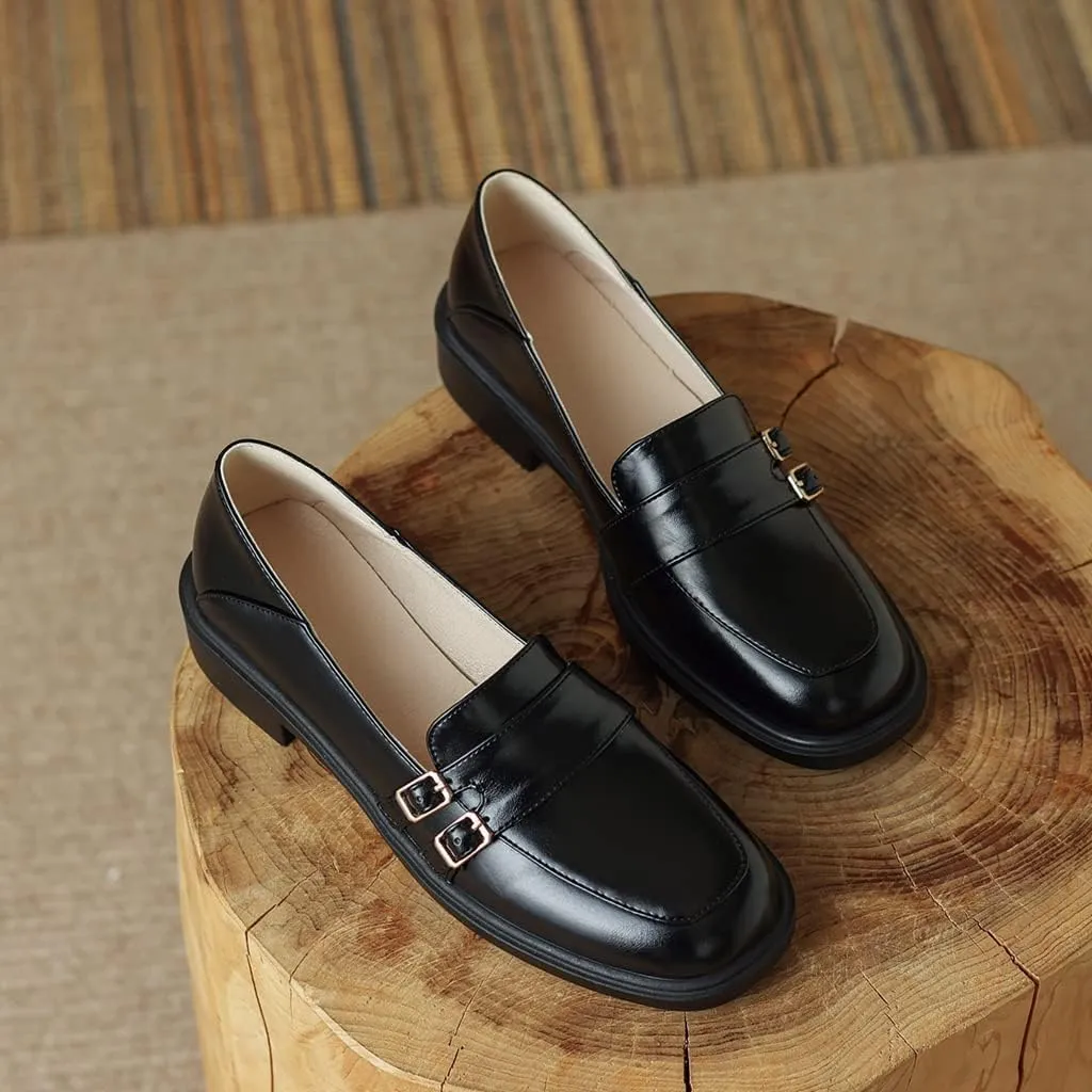Women's Classic Buckle Slip On Penny Loafers Flats Square Toe Leather Business Dress Oxford Shoes
