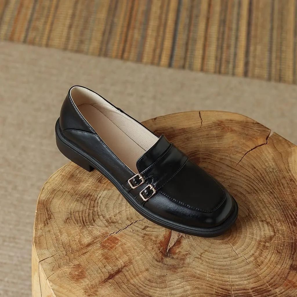 Women's Classic Buckle Slip On Penny Loafers Flats Square Toe Leather Business Dress Oxford Shoes