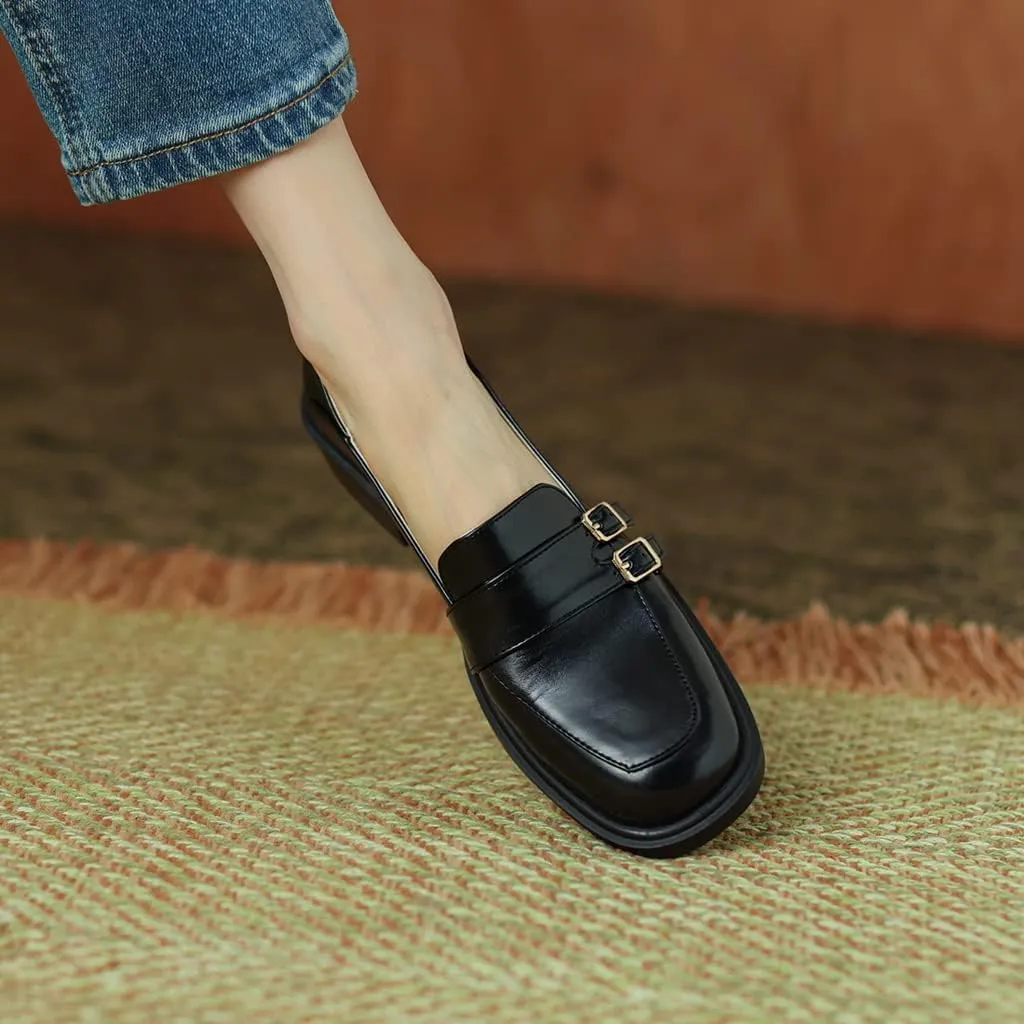 Women's Classic Buckle Slip On Penny Loafers Flats Square Toe Leather Business Dress Oxford Shoes