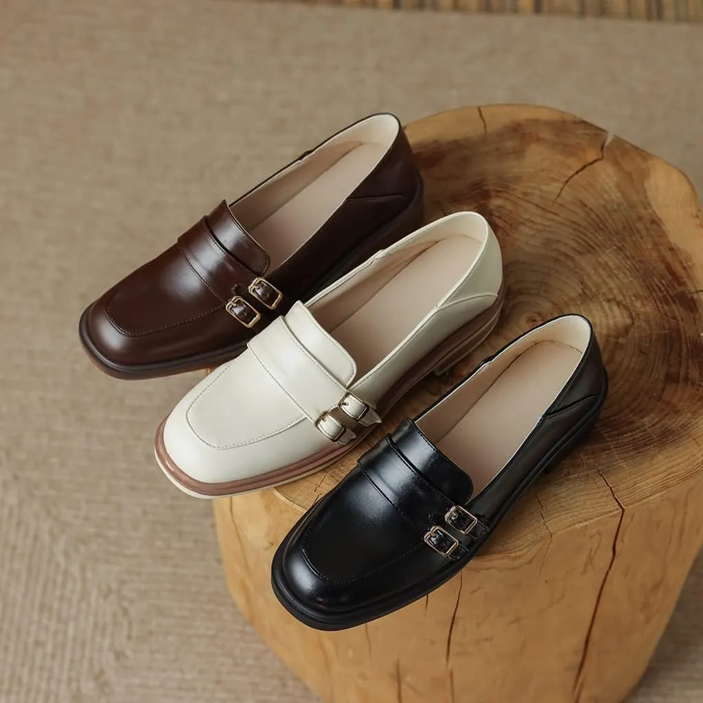 Women's Classic Buckle Slip On Penny Loafers Flats Square Toe Leather Business Dress Oxford Shoes