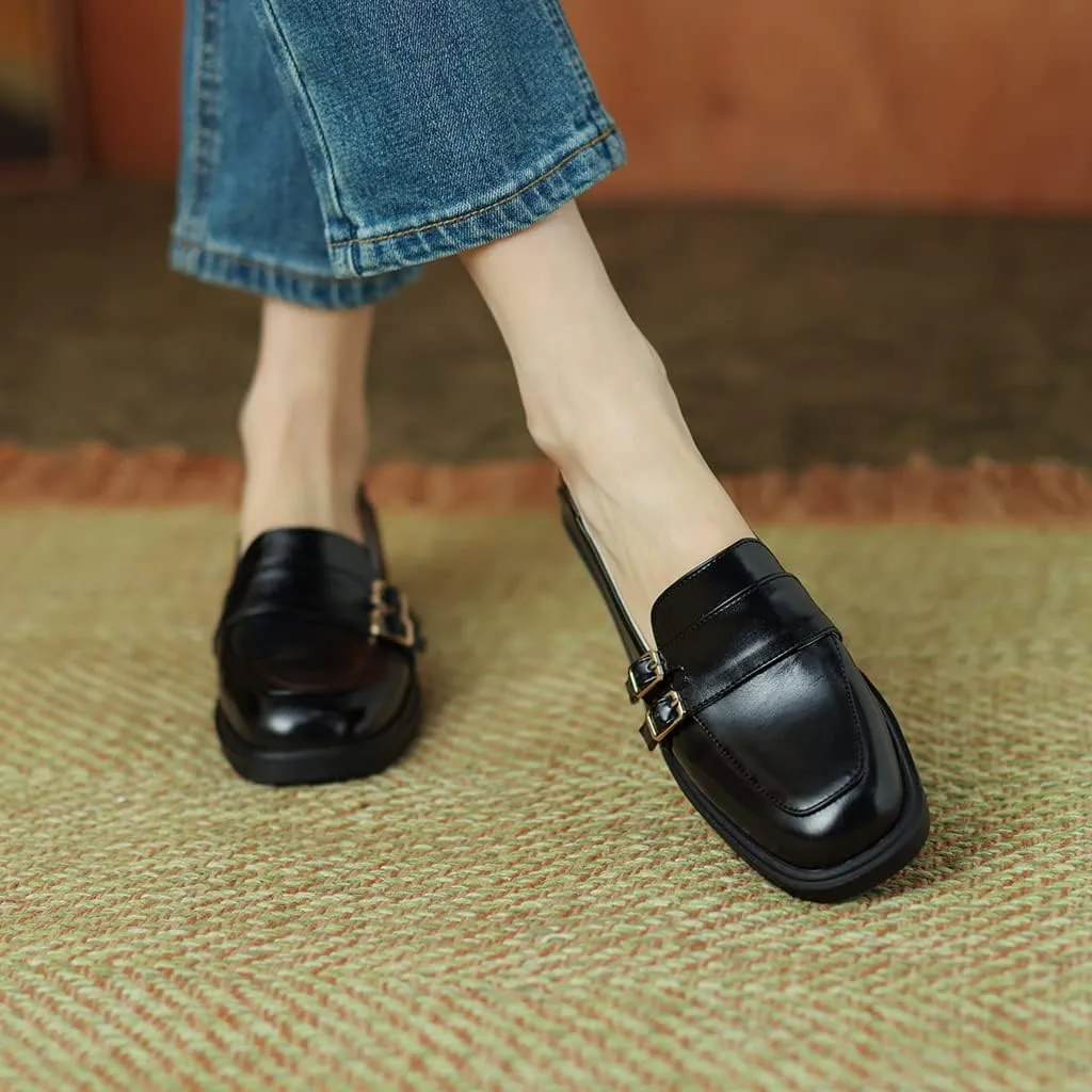 Women's Classic Buckle Slip On Penny Loafers Flats Square Toe Leather Business Dress Oxford Shoes