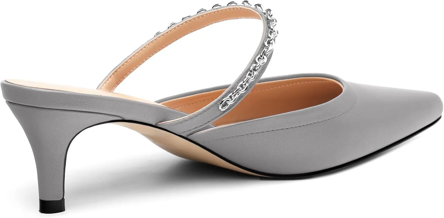 Women's Kitten Heel Pumps, Pointed Toe Open Heel Mule Shoes, Silver Chain Embellished Strap, Dress Slingback Party Heels.