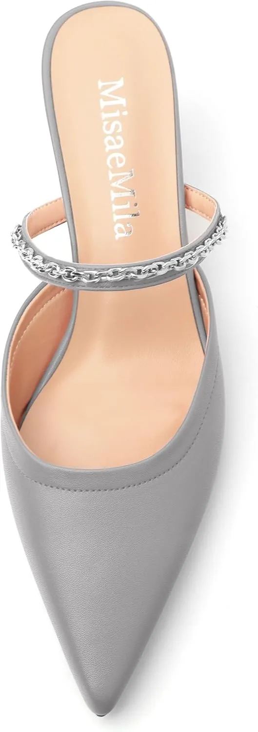 Women's Kitten Heel Pumps, Pointed Toe Open Heel Mule Shoes, Silver Chain Embellished Strap, Dress Slingback Party Heels.