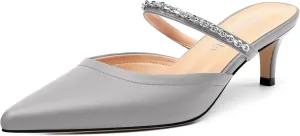 Women's Kitten Heel Pumps, Pointed Toe Open Heel Mule Shoes, Silver Chain Embellished Strap, Dress Slingback Party Heels.