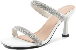 Women's Rhinestone Heeled Sandals Square Open Toe Strappy Two Strap Mule Sandals Slip On Holiday Party Wedding Dress Shoes