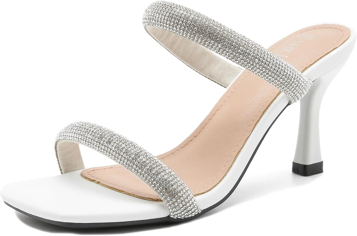 Women's Rhinestone Heeled Sandals Square Open Toe Strappy Two Strap Mule Sandals Slip On Holiday Party Wedding Dress Shoes