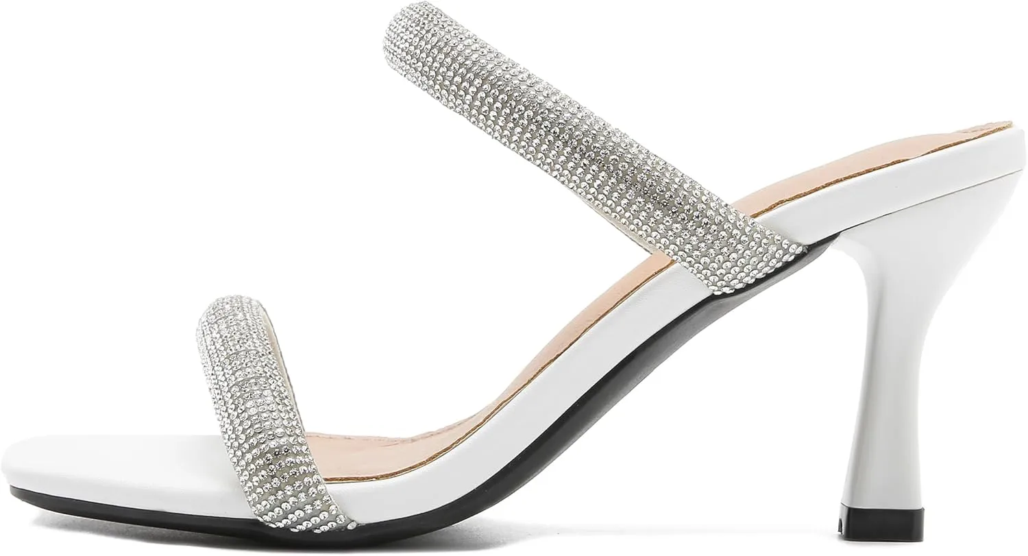 Women's Rhinestone Heeled Sandals Square Open Toe Strappy Two Strap Mule Sandals Slip On Holiday Party Wedding Dress Shoes