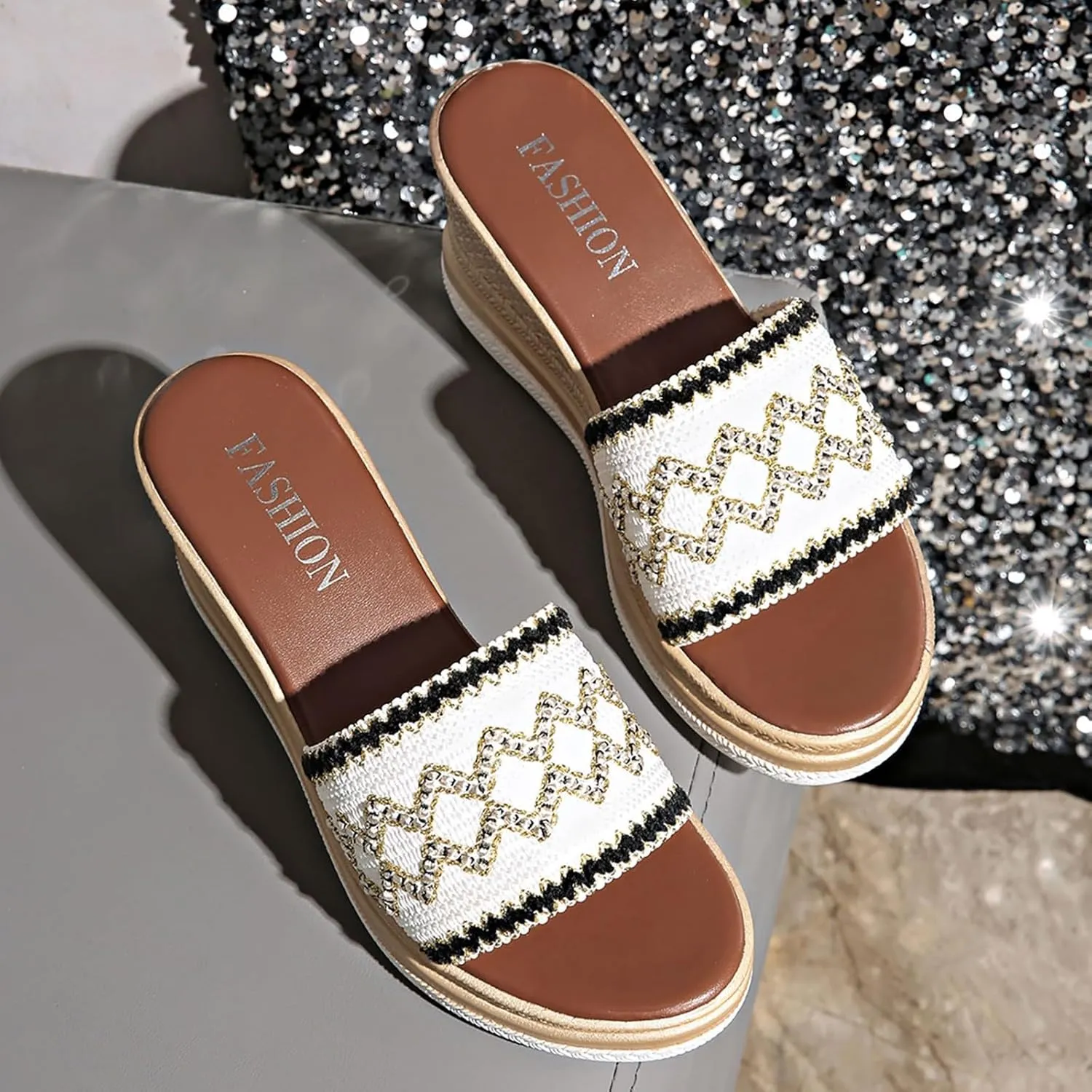 Womens Sandals Ethnic Woven Slippers Platform Sandals Women Casual Beach Vacation Slippers