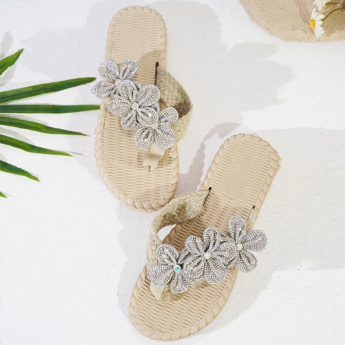 Women's Soft Woven Clip - Toe Flip Flops, Slide Sandals with Sparkle Floral Design - Dressy, Flat & Ideal for Casual Walking in Summer