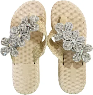 Women's Soft Woven Clip - Toe Flip Flops, Slide Sandals with Sparkle Floral Design - Dressy, Flat & Ideal for Casual Walking in Summer