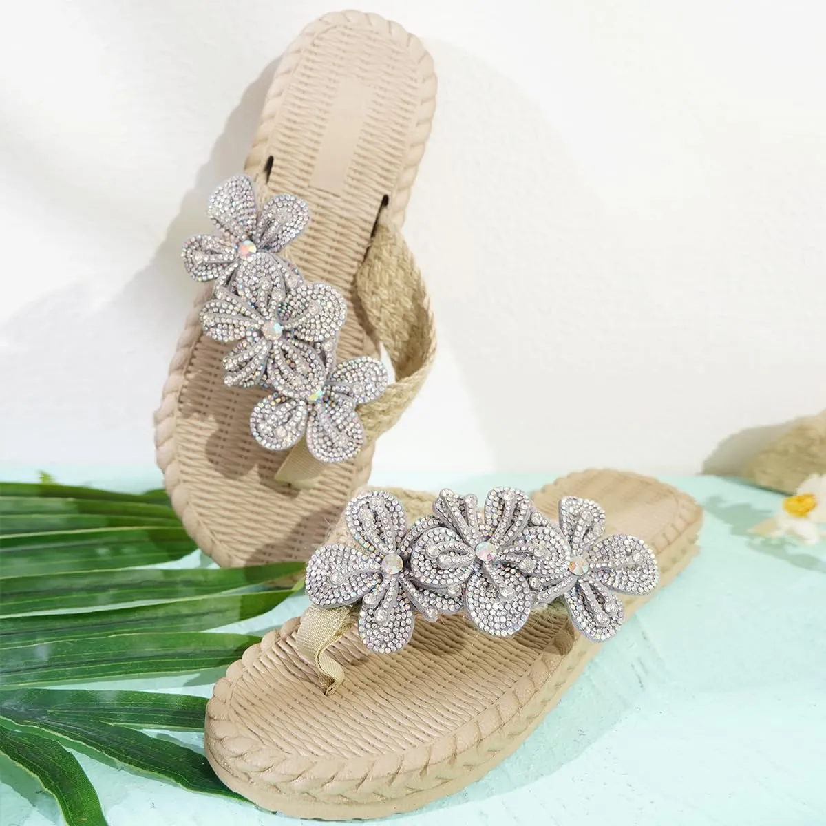 Women's Soft Woven Clip - Toe Flip Flops, Slide Sandals with Sparkle Floral Design - Dressy, Flat & Ideal for Casual Walking in Summer