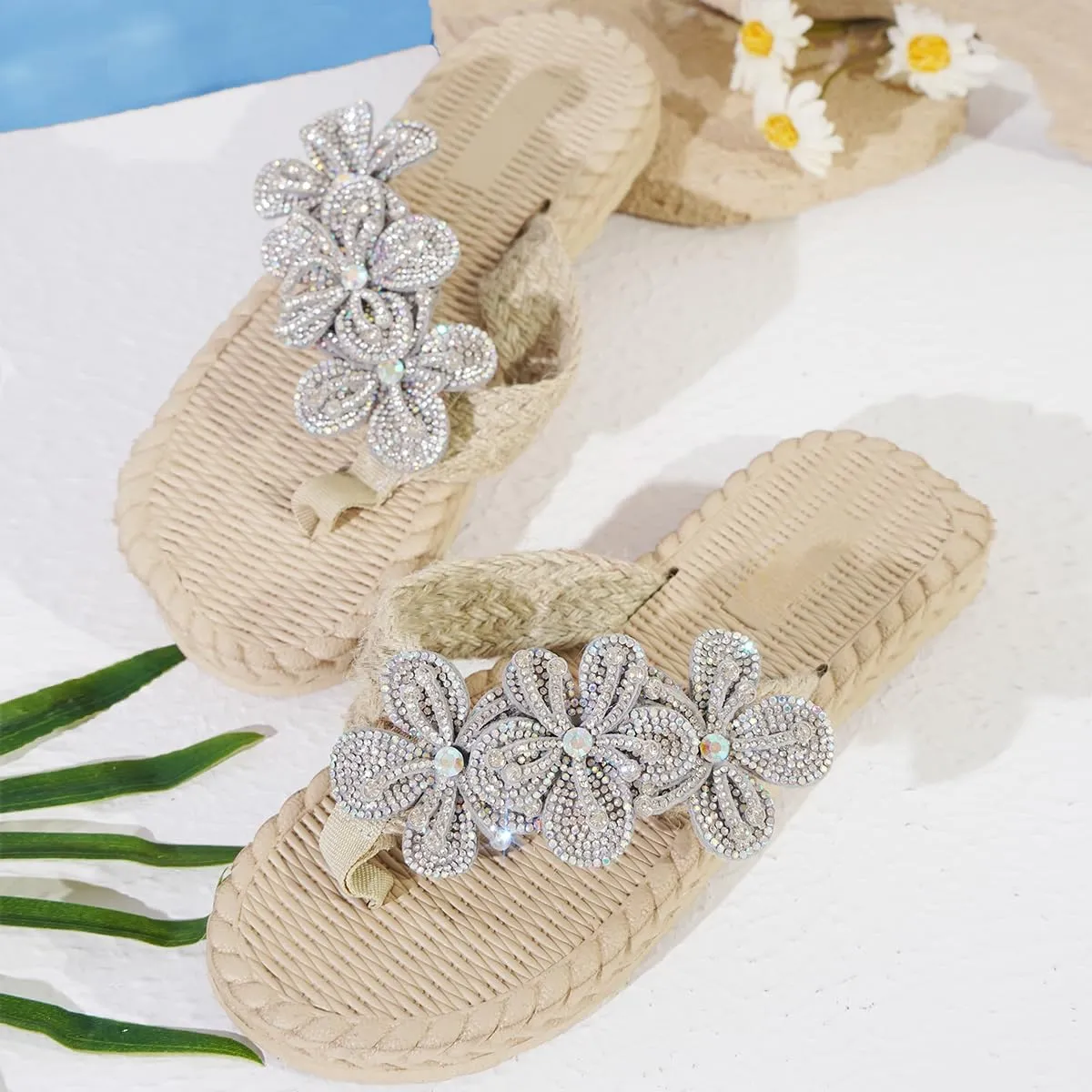 Women's Soft Woven Clip - Toe Flip Flops, Slide Sandals with Sparkle Floral Design - Dressy, Flat & Ideal for Casual Walking in Summer