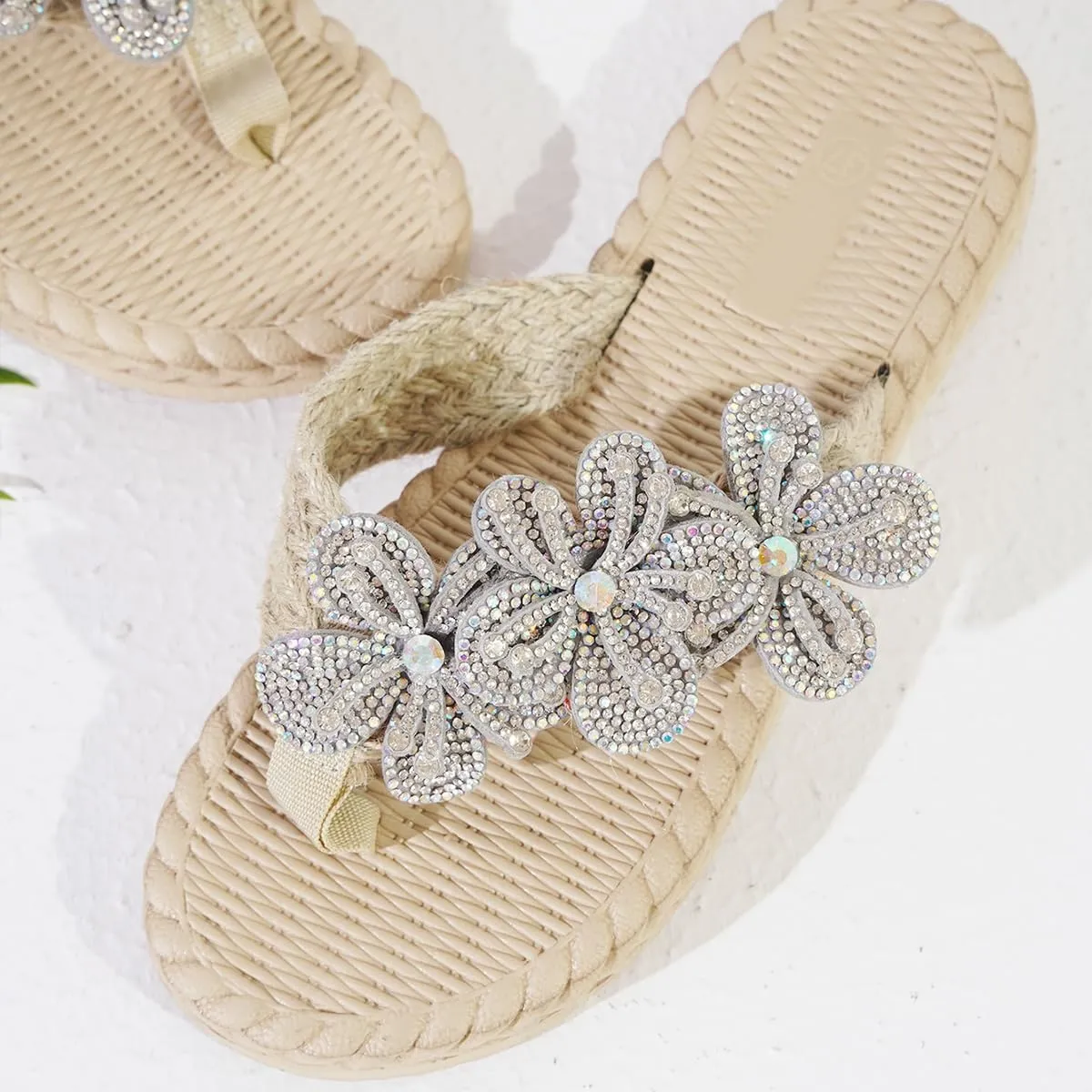 Women's Soft Woven Clip - Toe Flip Flops, Slide Sandals with Sparkle Floral Design - Dressy, Flat & Ideal for Casual Walking in Summer