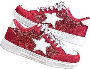 Women's Y2K Star Glitter Chunky Skate Shoes Retro Platform Sneakers, Shiny Outdoor Casual Shoes for Streetwear (Red,9)