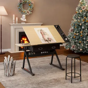 Wood Drafting Table and Stool Set, Adjustable Height Drawing Table Artist Desk with 2 Storage Drawers for Home Office and School (Natural/Black)