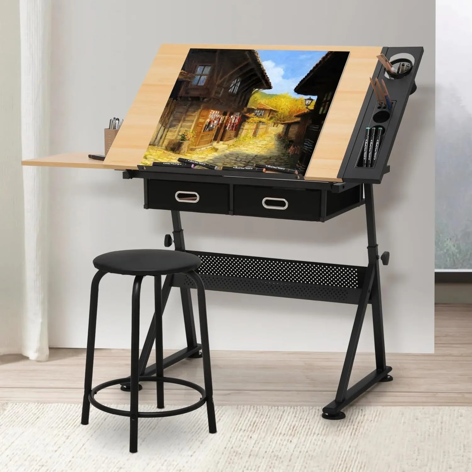 Wood Drafting Table and Stool Set, Adjustable Height Drawing Table Artist Desk with 2 Storage Drawers for Home Office and School (Natural/Black)