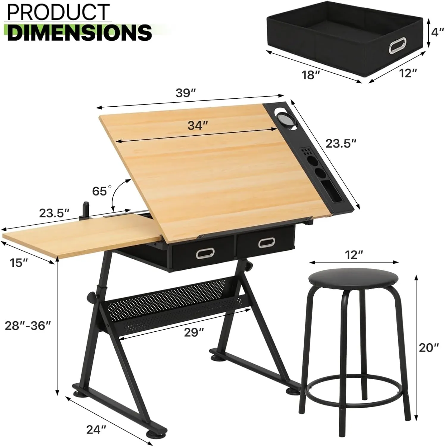Wood Drafting Table and Stool Set, Adjustable Height Drawing Table Artist Desk with 2 Storage Drawers for Home Office and School (Natural/Black)