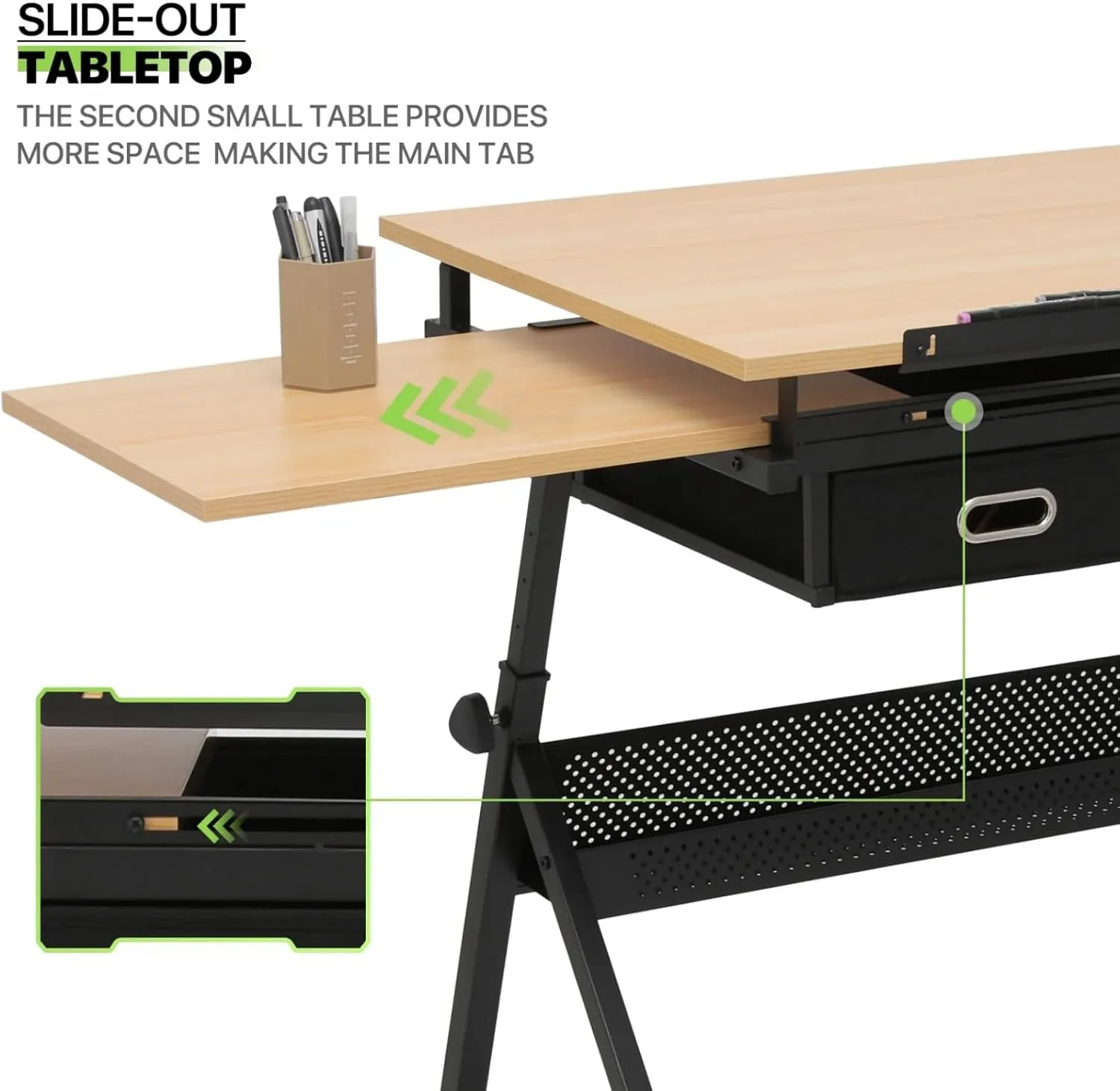 Wood Drafting Table and Stool Set, Adjustable Height Drawing Table Artist Desk with 2 Storage Drawers for Home Office and School (Natural/Black)