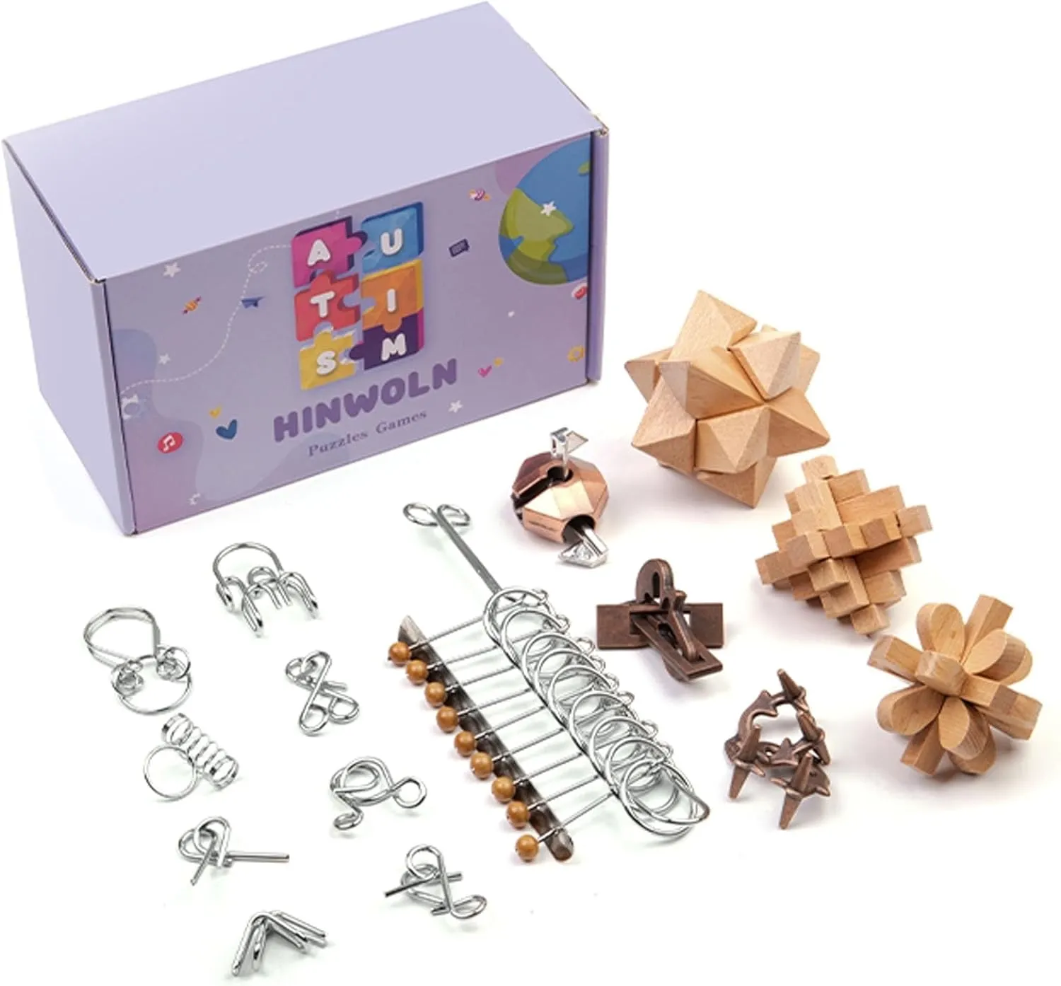 Wooden Brain Teaser Puzzles - Metal Unlock Interlock Game, IQ Logic Test Puzzles Game, 3D Puzzle Toy Brain Teaser for Kids and Adults, Mind Educational Toy Travel Games [15pcs of Pack ]