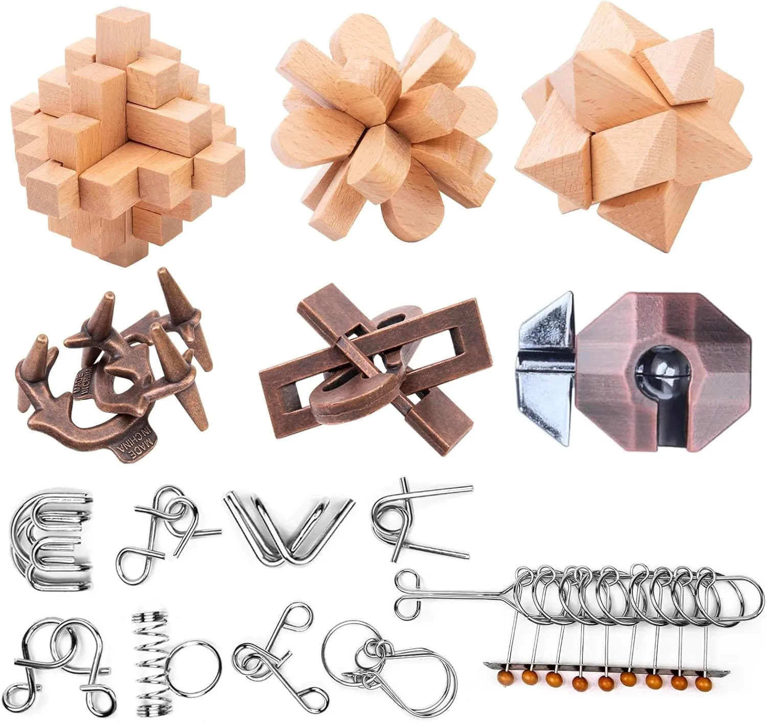 Wooden Brain Teaser Puzzles - Metal Unlock Interlock Game, IQ Logic Test Puzzles Game, 3D Puzzle Toy Brain Teaser for Kids and Adults, Mind Educational Toy Travel Games [15pcs of Pack ]