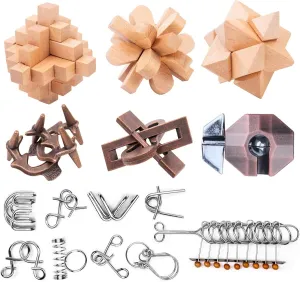 Wooden Brain Teaser Puzzles - Metal Unlock Interlock Game, IQ Logic Test Puzzles Game, 3D Puzzle Toy Brain Teaser for Kids and Adults, Mind Educational Toy Travel Games [15pcs of Pack ]
