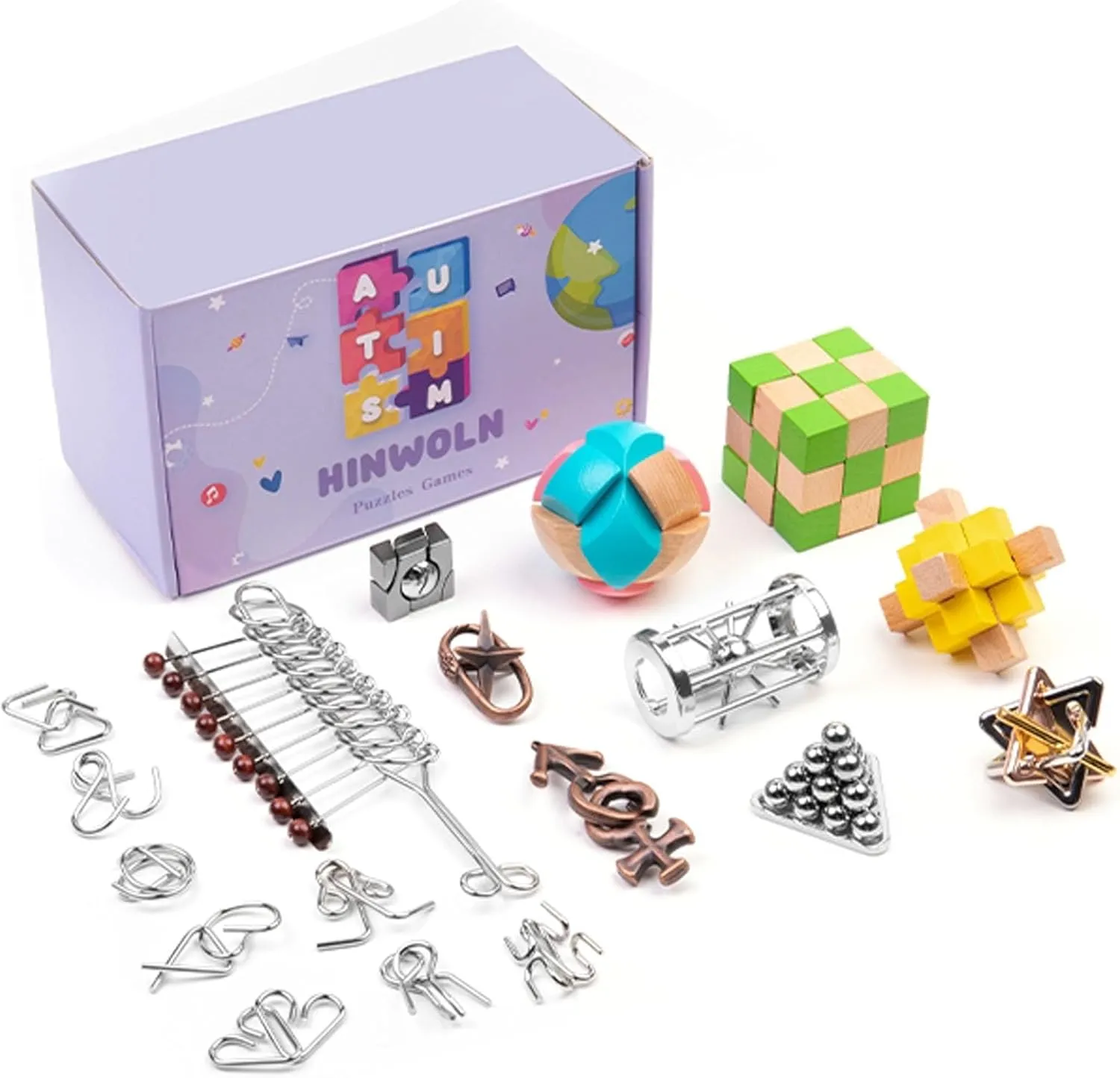 Wooden Brain Teaser Puzzles - Metal Unlock Interlock Game, IQ Logic Test Puzzles Game, 3D Puzzle Toy Brain Teaser for Kids and Adults, Mind Educational Toy Travel Games [18pcs of Pack ]