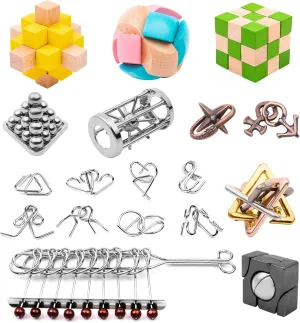 Wooden Brain Teaser Puzzles - Metal Unlock Interlock Game, IQ Logic Test Puzzles Game, 3D Puzzle Toy Brain Teaser for Kids and Adults, Mind Educational Toy Travel Games [18pcs of Pack ]