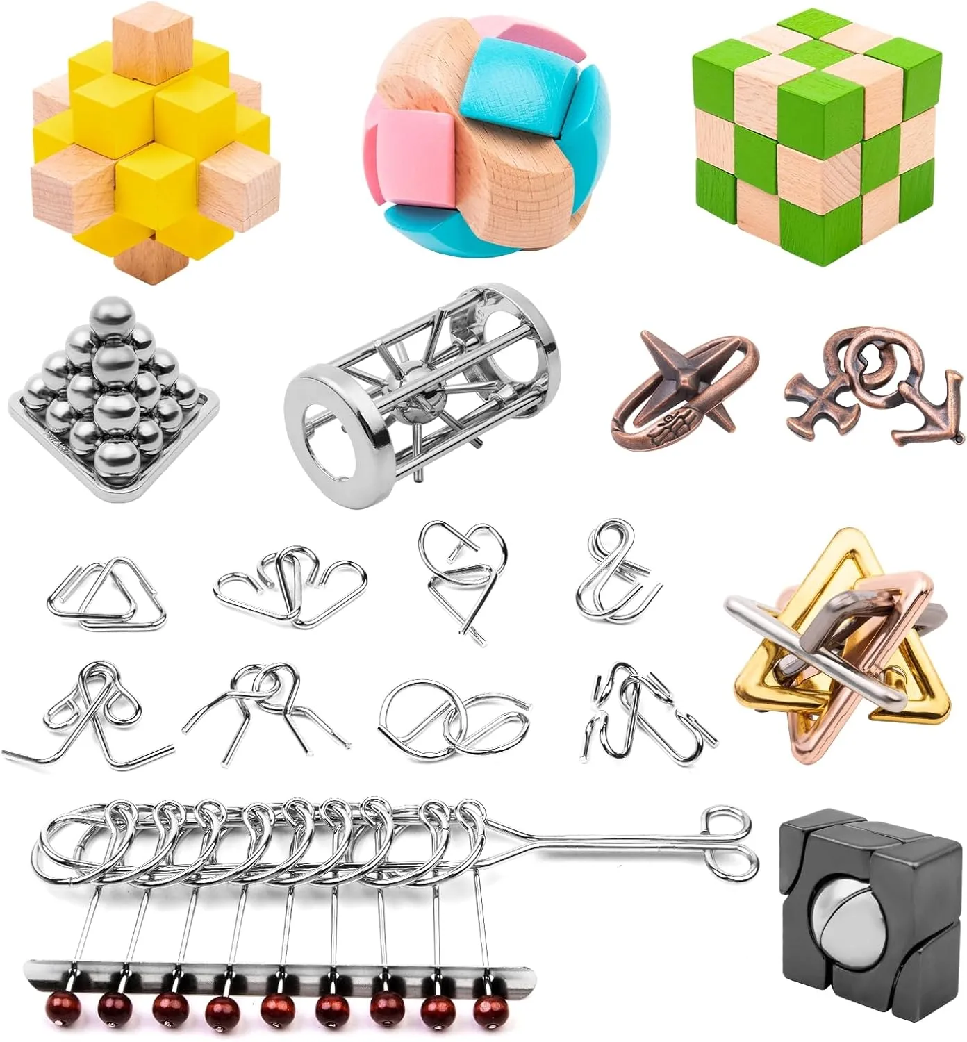 Wooden Brain Teaser Puzzles - Metal Unlock Interlock Game, IQ Logic Test Puzzles Game, 3D Puzzle Toy Brain Teaser for Kids and Adults, Mind Educational Toy Travel Games [18pcs of Pack ]