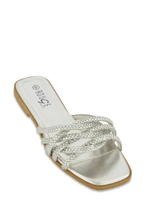 Woven Rhinestone Strappy Slide Sandals