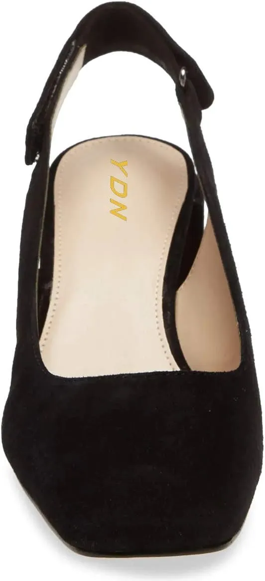 YDN Women Slingback Adjustable Slip On Strappy Block Chunky Mid Heels Pumps Square Toe Formal Loafer Shoes Size 4-15 US
