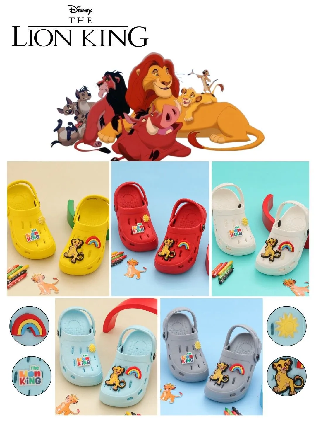 Yellow Bee Boys’ Disney The Lion King Clogs with Simba, Sun & Rainbow Charms – Red