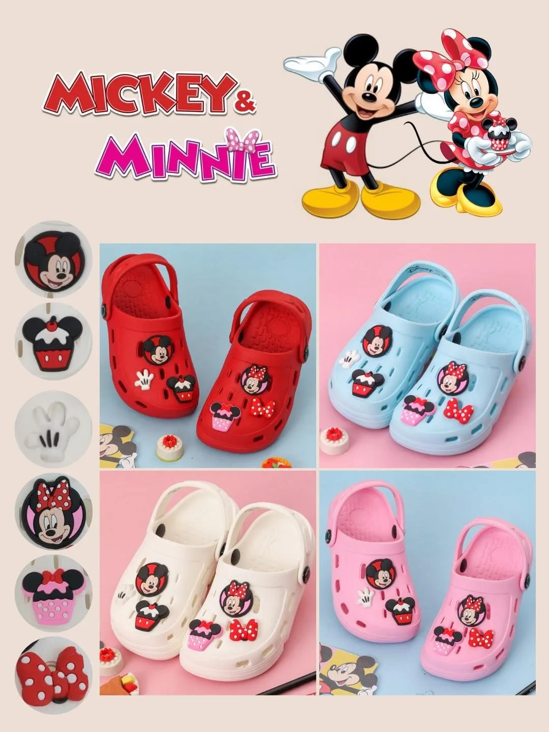 Yellow Bee Girls’ Disney Mickey & Minnie Mouse Clogs with Bow, Gloves & Cupcake Charms – Light Blue