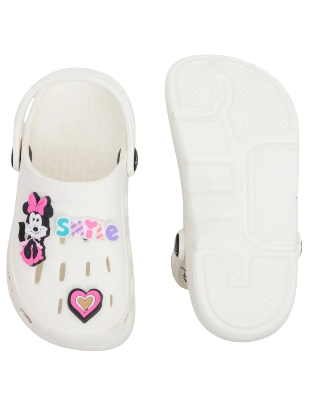 Yellow Bee Girls’ Disney Minnie Mouse Clogs with Smile & Heart Charms – White