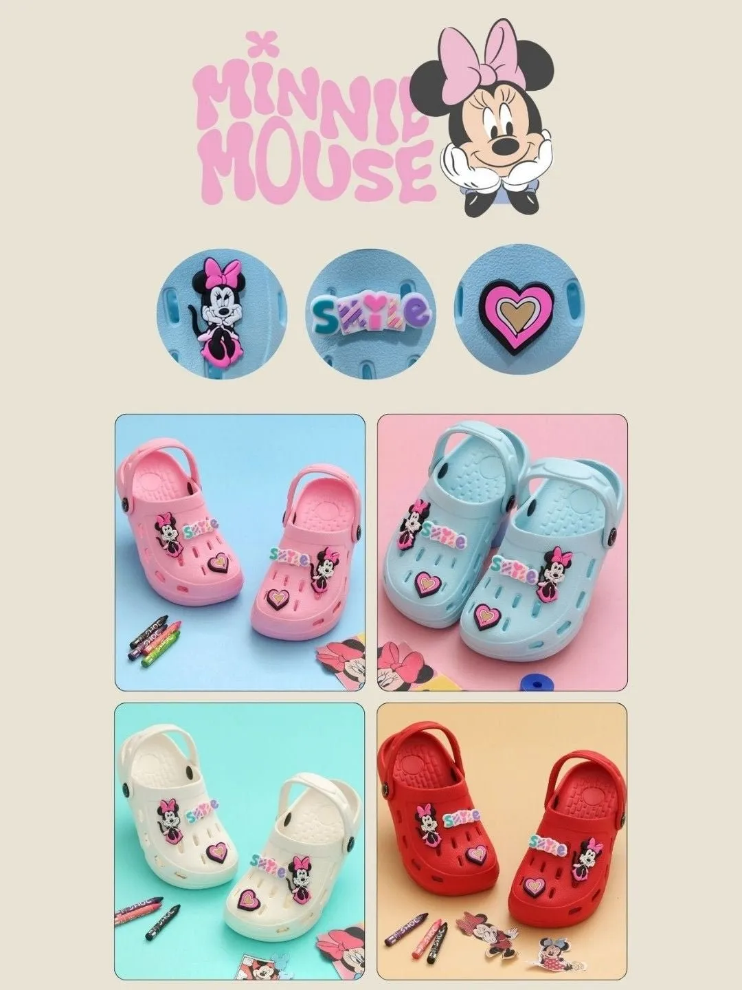 Yellow Bee Girls’ Disney Minnie Mouse Clogs with Smile & Heart Charms – White