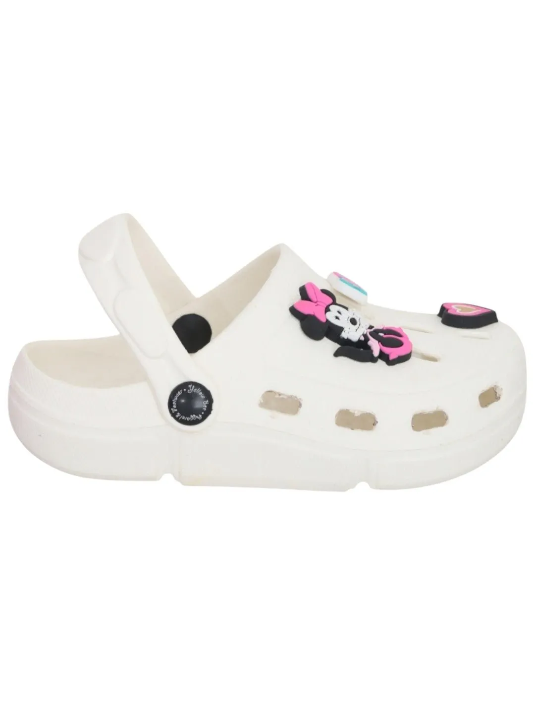 Yellow Bee Girls’ Disney Minnie Mouse Clogs with Smile & Heart Charms – White