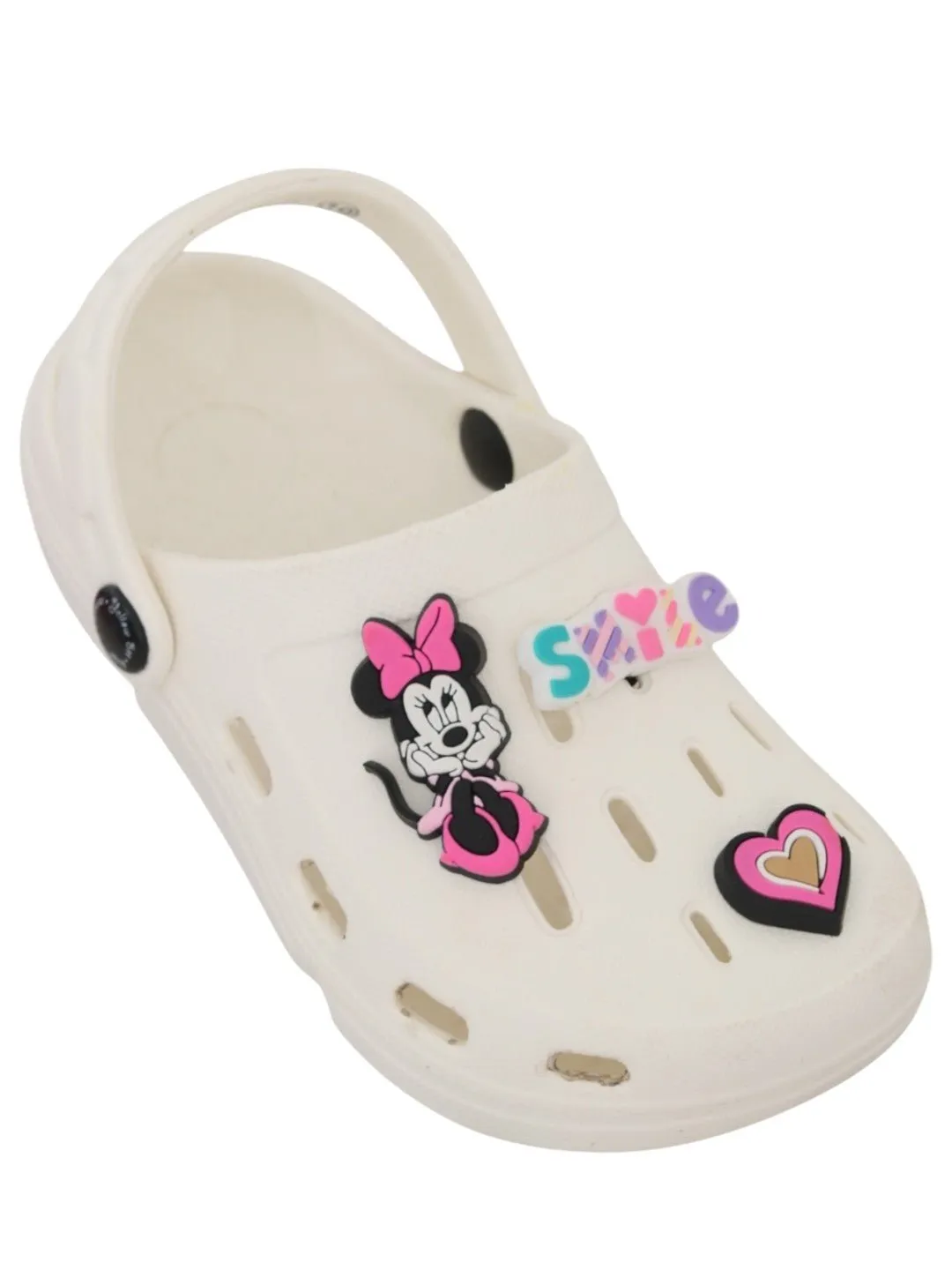 Yellow Bee Girls’ Disney Minnie Mouse Clogs with Smile & Heart Charms – White
