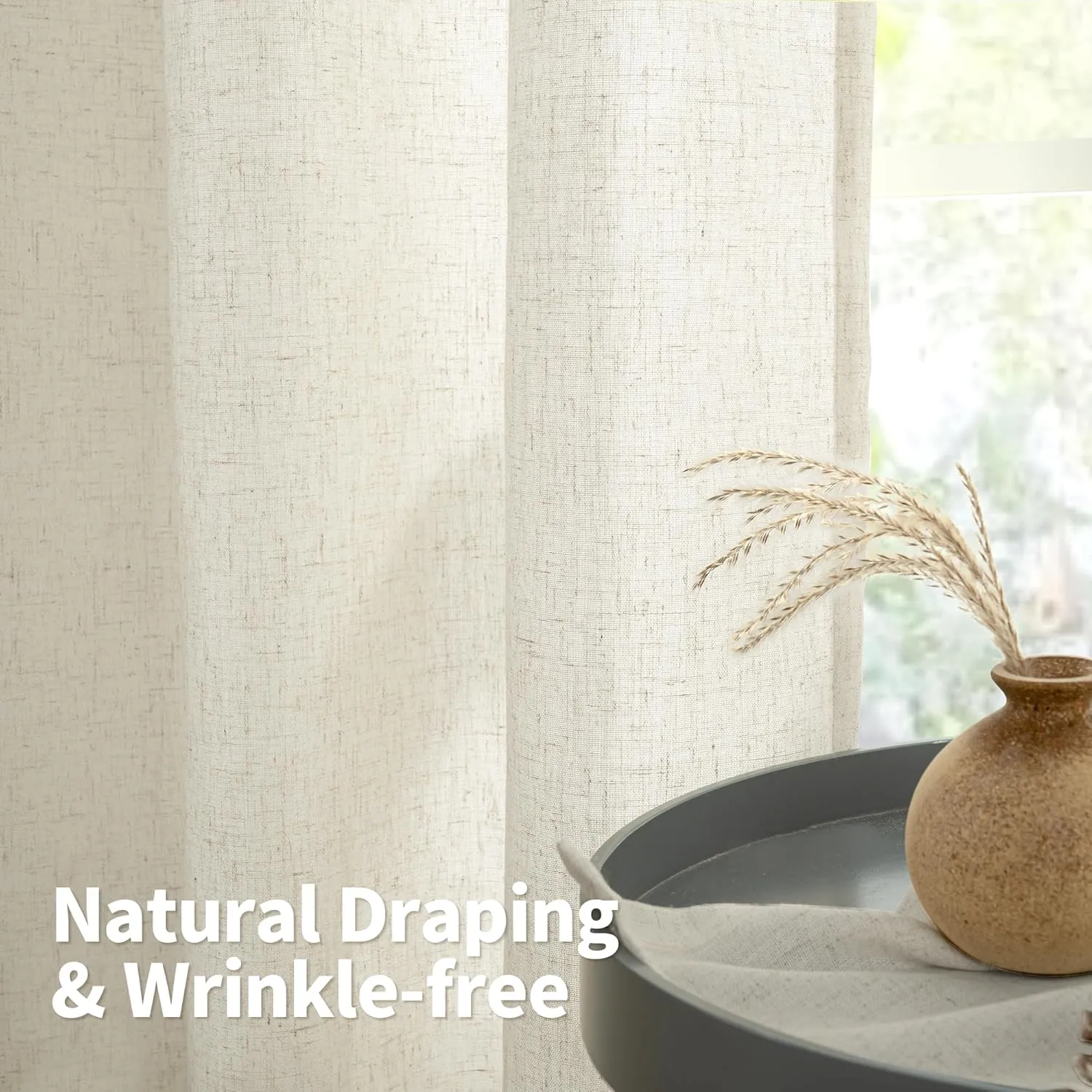 YoungsTex 63 Inch Length Linen Curtains for Living Room, Cream Boho Semi Sheer Drapes Light Filtering with Grommet Rustic Natural Window Treatments for Bedroom Office Country, 2 Panels, 52 X 63 Inch