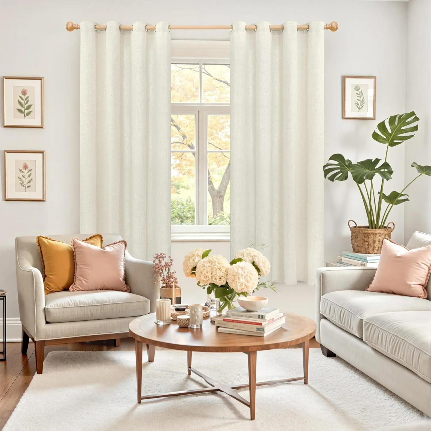 YoungsTex 63 Inch Length Linen Curtains for Living Room, Cream Boho Semi Sheer Drapes Light Filtering with Grommet Rustic Natural Window Treatments for Bedroom Office Country, 2 Panels, 52 X 63 Inch