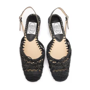 Zig Zag Raffia Round Flat Sling-Black